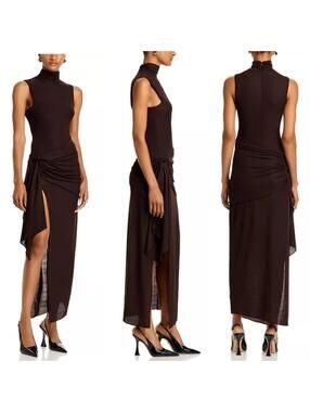 $498 Ronny Kobo Crystal Mesh Chocolate Brown Dress w/ Draping at Waist- LRG